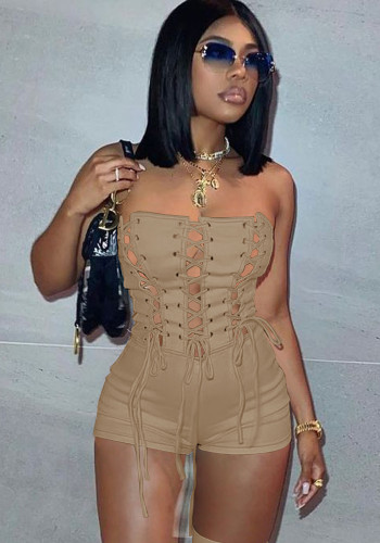 Women Summer Khaki Sexy Strapless Sleeveless Solid Lace Up Above Knee Regular Rompers