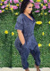 Women Summer Blue Casual V-neck Short Sleeves Tie Dye Pockets Full Length Loose Jumpsuit