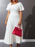 Women Summer White Modest V-neck Short Sleeves Solid Cascading Ruffle Maxi Dress