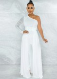 Women Summer White Romantic Slash Neck Full Sleeves Solid Mesh Ripped Full Length Regular Jumpsuit