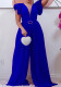 Women Summer Blue Romantic V-neck Short Sleeves Solid Pleated Full Length Loose Jumpsuit