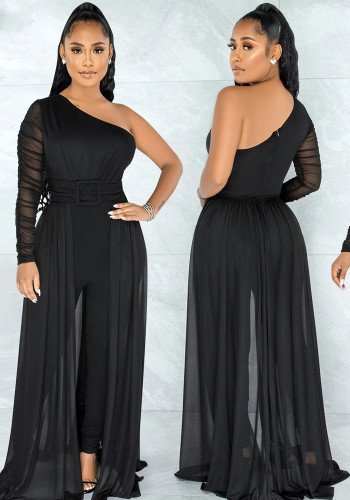 Women Summer Black Romantic Slash Neck Full Sleeves Solid Mesh Ripped Full Length Regular Jumpsuit