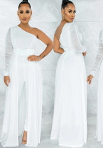 Women Summer White Romantic Slash Neck Full Sleeves Solid Mesh Ripped Full Length Regular Jumpsuit