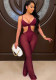 Women Summer Burgunry Sexy Strap Sleeveless Patchwork Mesh Full Length Regular Jumpsuit