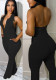 Women Summer Black Modest V-neck Sleeveless Solid Pockets Full Length Regular Backless Jumpsuit