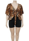 Women Summer Printed Casual V-neck Half Sleeves High Waist Leopard Print Bow Regular Plus Size Two Piece Short Set