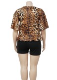 Women Summer Printed Casual V-neck Half Sleeves High Waist Leopard Print Bow Regular Plus Size Two Piece Short Set