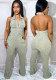 Women Summer Grey Modest V-neck Sleeveless Solid Pockets Full Length Regular Backless Jumpsuit