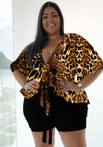 Women Summer Printed Casual V-neck Half Sleeves High Waist Leopard Print Bow Regular Plus Size Two Piece Short Set Women Summer Printed Casual V-neck Half Sleeves High Waist Leopard Print Bow Regular Plus Size Two Piece Short Set