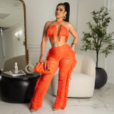 summer sexy women's fashion knitted hollow transparent tassel two-piece suit