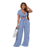 women's two-piece striped print two-piece short-sleeved v-neck loose spring and summer
