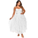 fashion solid color beaded tube top fluffy mesh dress women