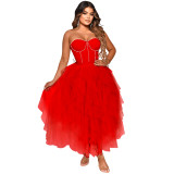 fashion solid color beaded tube top fluffy mesh dress women