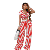 women's two-piece striped print two-piece short-sleeved v-neck loose spring and summer women's two-piece striped print two-piece short-sleeved v-neck loose spring and summer
