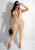 elastic small ribbed zipper ladies jumpsuit