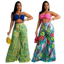 Women V-neck tube top and printed wide-leg trousers fashion casual women's suit two piece set Women V-neck tube top and printed wide-leg trousers fashion casual women's suit two piece set