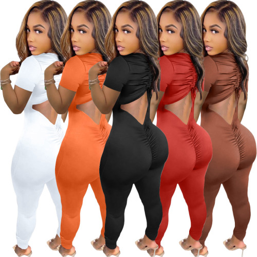 Women's Spring/Summer Back Drawstring Ruched Short Sleeve Jumpsuit