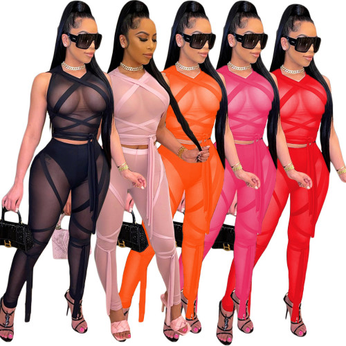 Women's Sexy Mesh See-Through Strap Solid Color Sleeveless Two Piece Set