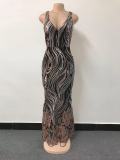 summer women gold sequin sleeveless v-neck formal evening dress