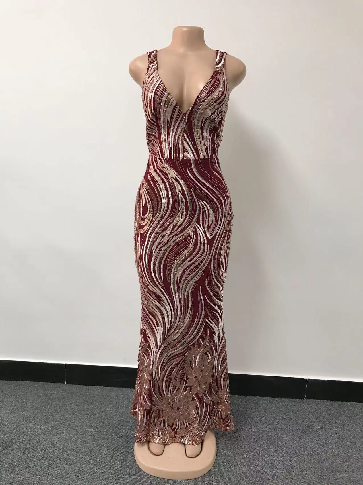 summer women gold sequin sleeveless v-neck formal evening dress