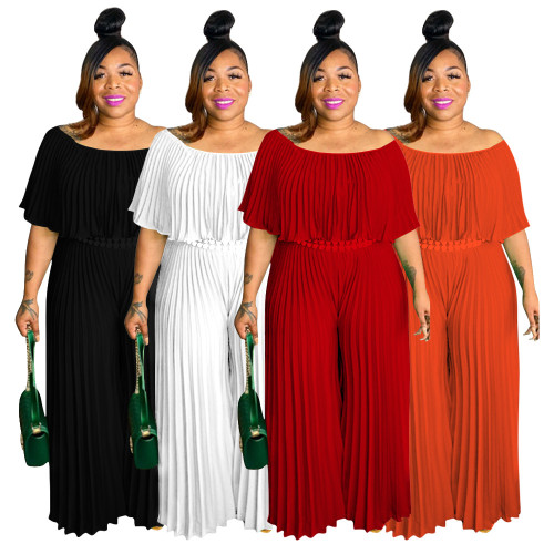 Women Fashion Pleated Solid Color Elegant Casual Jumpsuit