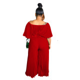 Women Fashion Pleated Solid Color Elegant Casual Jumpsuit
