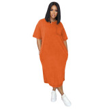 Women's Fashion Pocket Loose Solid Color Short Sleeve Dress