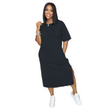 Women's Fashion Pocket Loose Solid Color Short Sleeve Dress