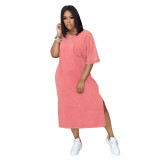 Women's Fashion Pocket Loose Solid Color Short Sleeve Dress