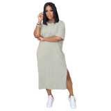 Women's Fashion Pocket Loose Solid Color Short Sleeve Dress