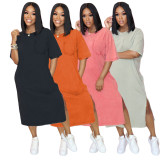 Women's Fashion Pocket Loose Solid Color Short Sleeve Dress