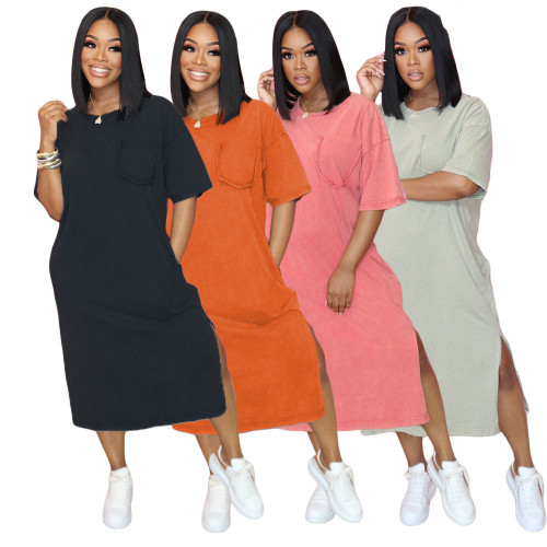 Women's Fashion Pocket Loose Solid Color Short Sleeve Dress
