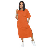 Women's Fashion Pocket Loose Solid Color Short Sleeve Dress