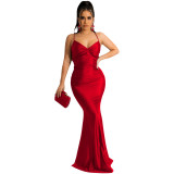 Women Summer Solid Color Sexy Backless Strap Fishtail Elegant Dress