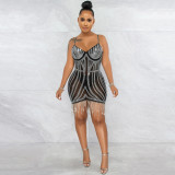 Women Summer Sexy Sleeveless Rhinestone Flowing Tassels Dress