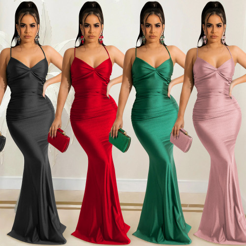 Women Summer Solid Color Sexy Backless Strap Fishtail Elegant Dress
