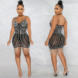 Women Summer Sexy Sleeveless Rhinestone Flowing Tassels Dress