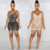 Women Summer Sexy Sleeveless Rhinestone Flowing Tassels Dress