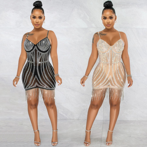 Women Summer Sexy Sleeveless Rhinestone Flowing Tassels Dress