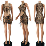 Women's Short Skirts Mid Waist Crop Leopard Print Lace-Up Drawstring Dress