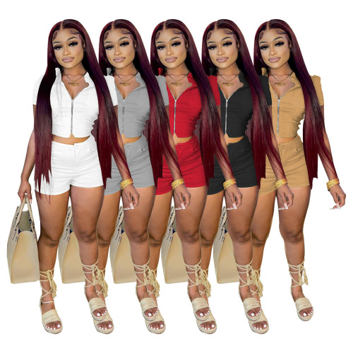 Women's summer casual women's zipper short-sleeved jacket shorts two-piece set of solid color high elastic fabric