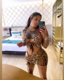 Women's Short Skirts Mid Waist Crop Leopard Print Lace-Up Drawstring Dress