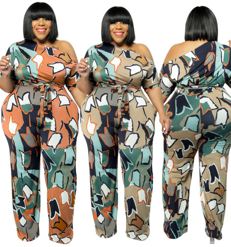 Plus Size Women's Summer Slanted Shoulder Print Jumpsuit with Belt