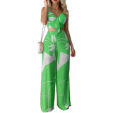 Women Summer Sexy Tube Top And Tie Loose Wide Leg Pants Print Two Piece Set