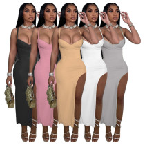 Women Sexy Low-Cut Backless Solid Color Straps Slit Bodycon Dress Women Sexy Low-Cut Backless Solid Color Straps Slit Bodycon Dress