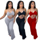 Summer Women Sexy Sleeveless Ruched Tie Micro-Flare Jumpsuit