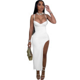 Women Sexy Low-Cut Backless Solid Color Straps Slit Bodycon Dress