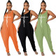 European and American Ladies Casual Loose Solid Color Round Neck Sleeveless Pocket Print Jumpsuit