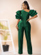 Summer sexy sloping shoulder pile sleeve high waist slim jumpsuit banquet party dress