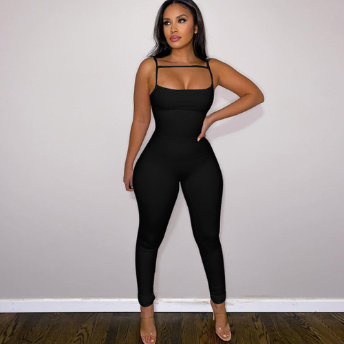 Women Summer Casual Solid Slim Straps Jumpsuit